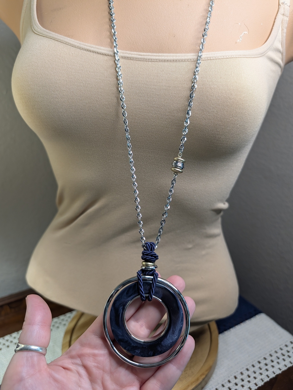 Chico's Silver-Tone Long Necklace with Blue Circular Resin Marbled Pendant